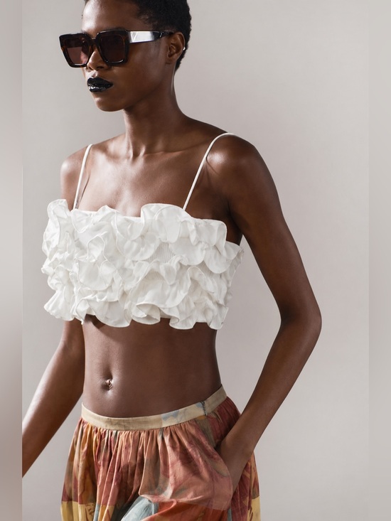 Zara Tops - NWT Zara White Ribbed Crop Top With Raised Ruffles Thin Straps Size S